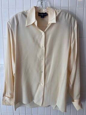 Vintage Ralph Lauren 100% Silk Blouse Ivory French Cuff Blouson Sleeve Size 6